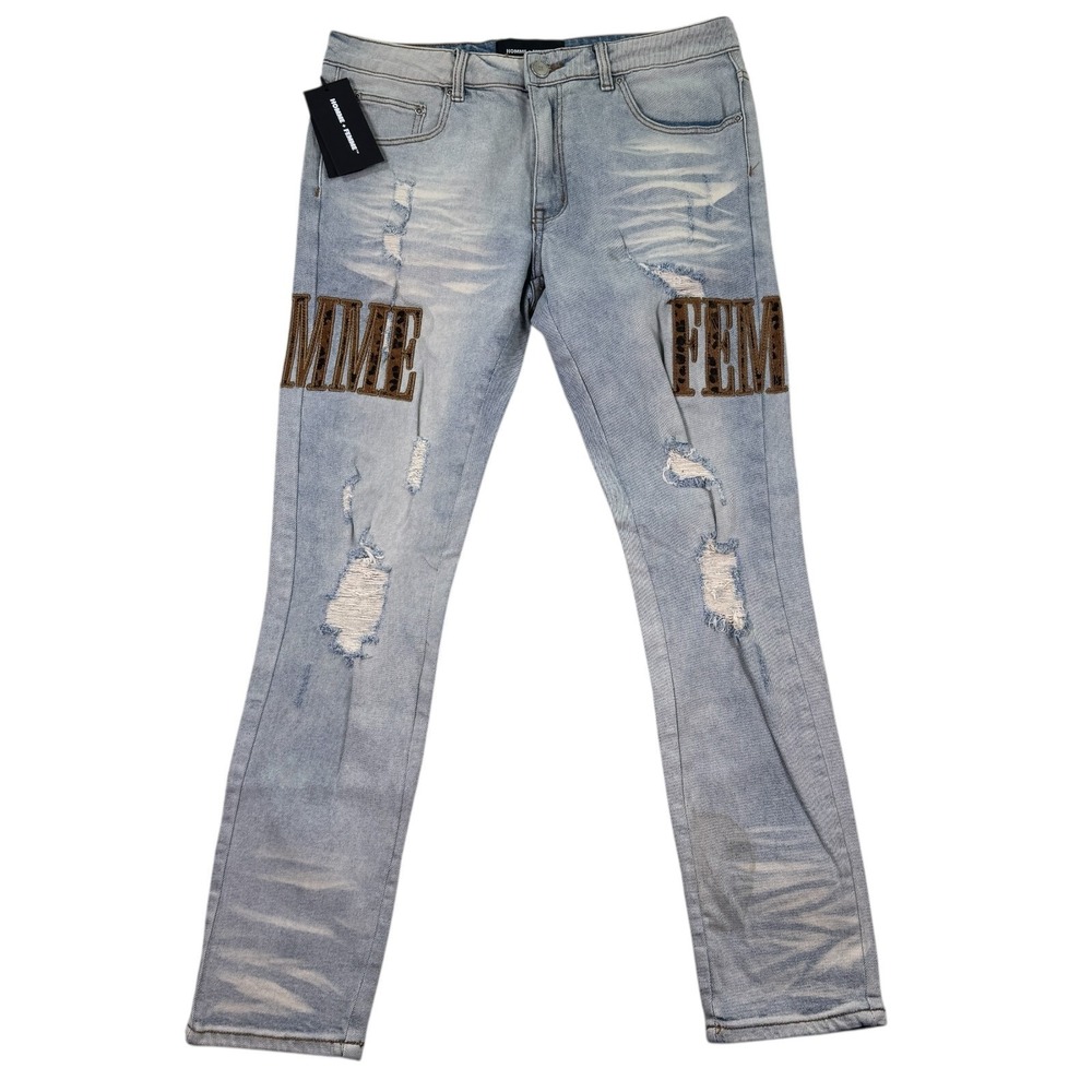 Homme + Femme Jeans Mens 32x30 Blue Denim Distressed Cheetah Letterman Zip Fly‎